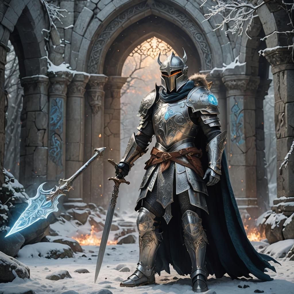 Mythical Knight in Intricate Armor with Glowing Runes