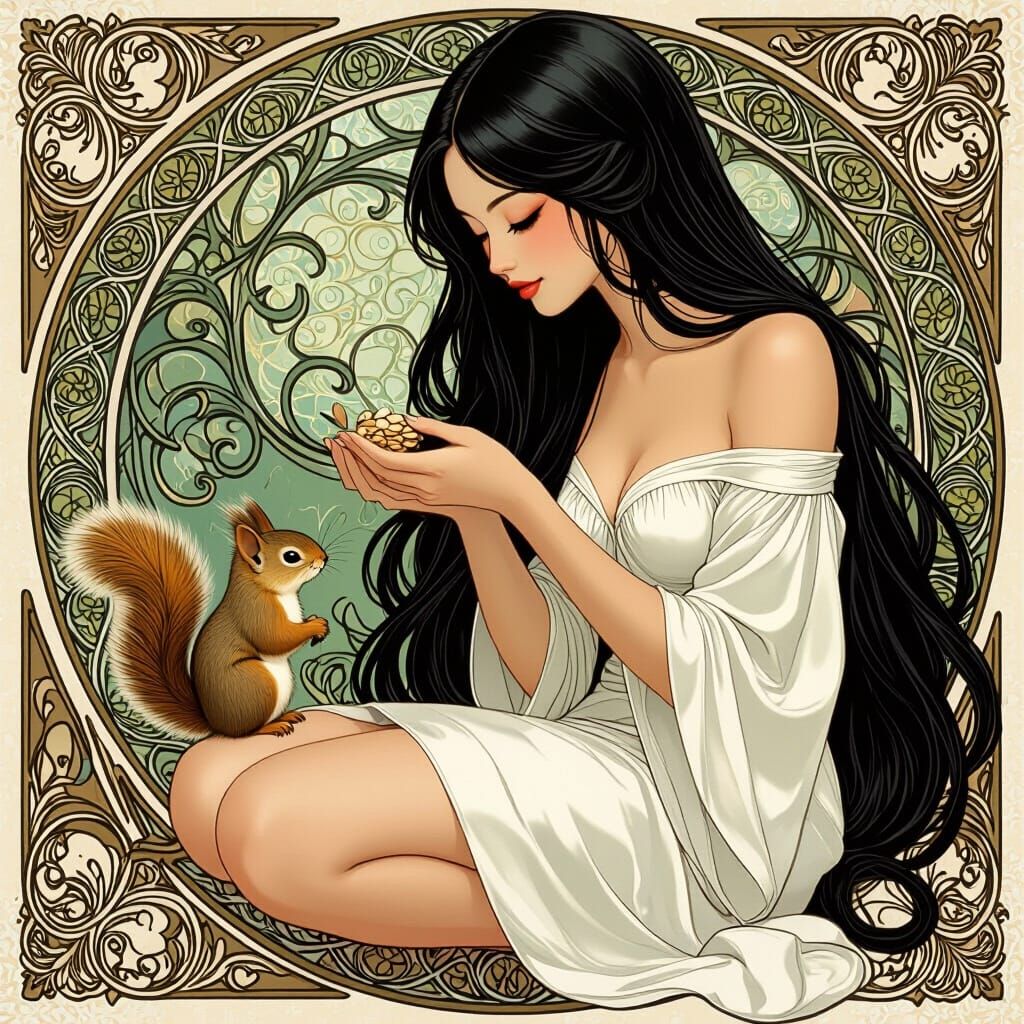Japanese Girl with Squirrel in Art Nouveau Style