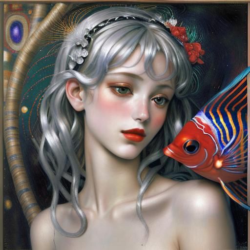 Surreal Portrait with Angelfish in Psychedelic Style