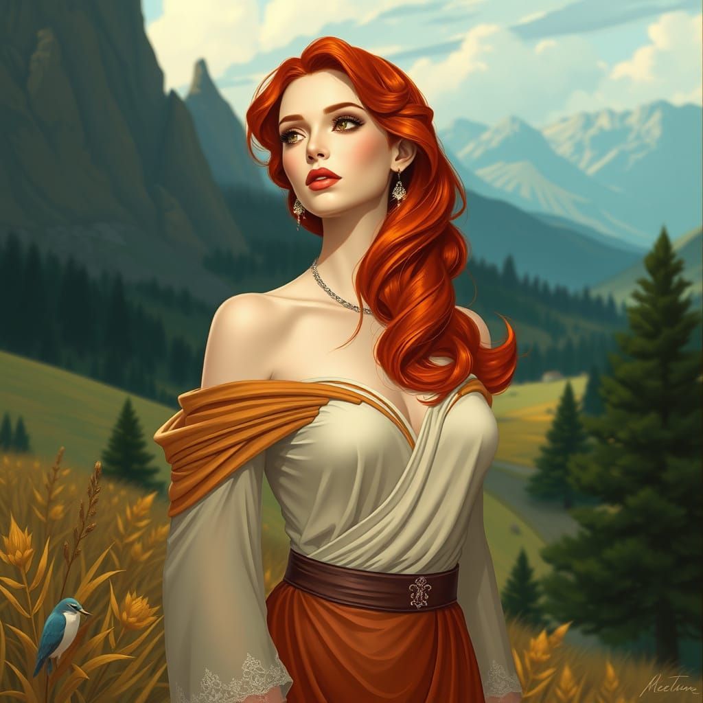 Elegant Redhead in Serene Landscape, Art Nouveau Style