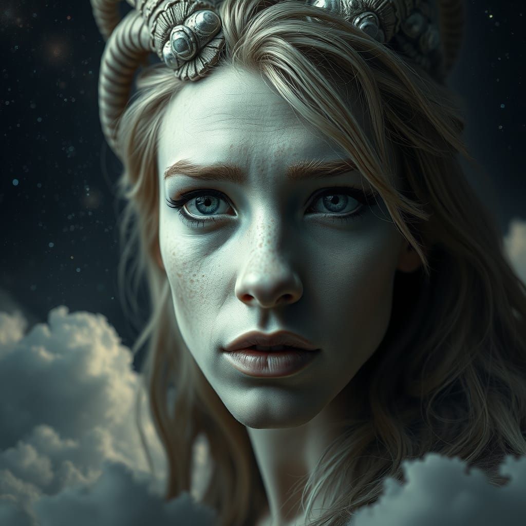Mythical Capricorn Portrait with Cosmic Galaxy Backdrop