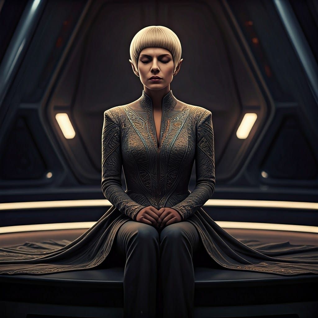Elegant Vulcan Woman in Serene Futuristic Environment