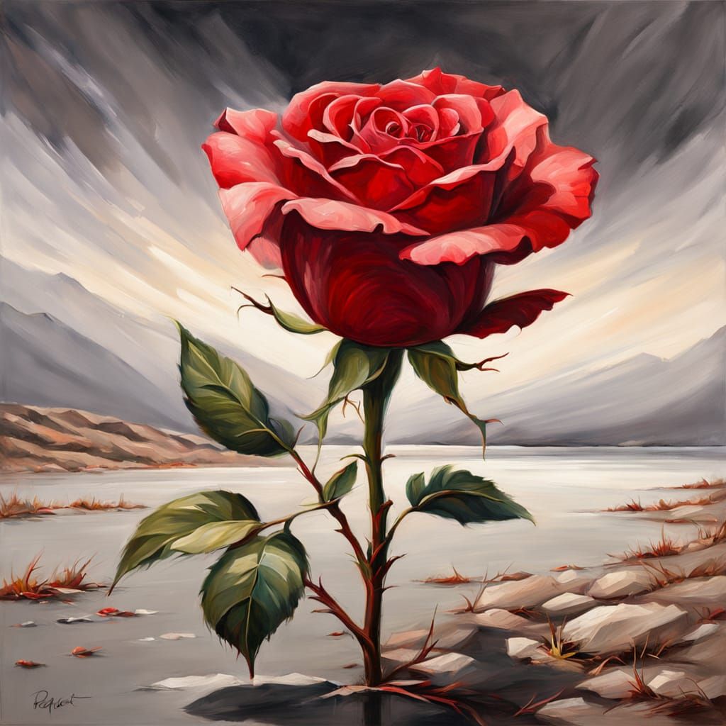 Vibrant Oil Painting of a Red Rose in a Grey Landscape
