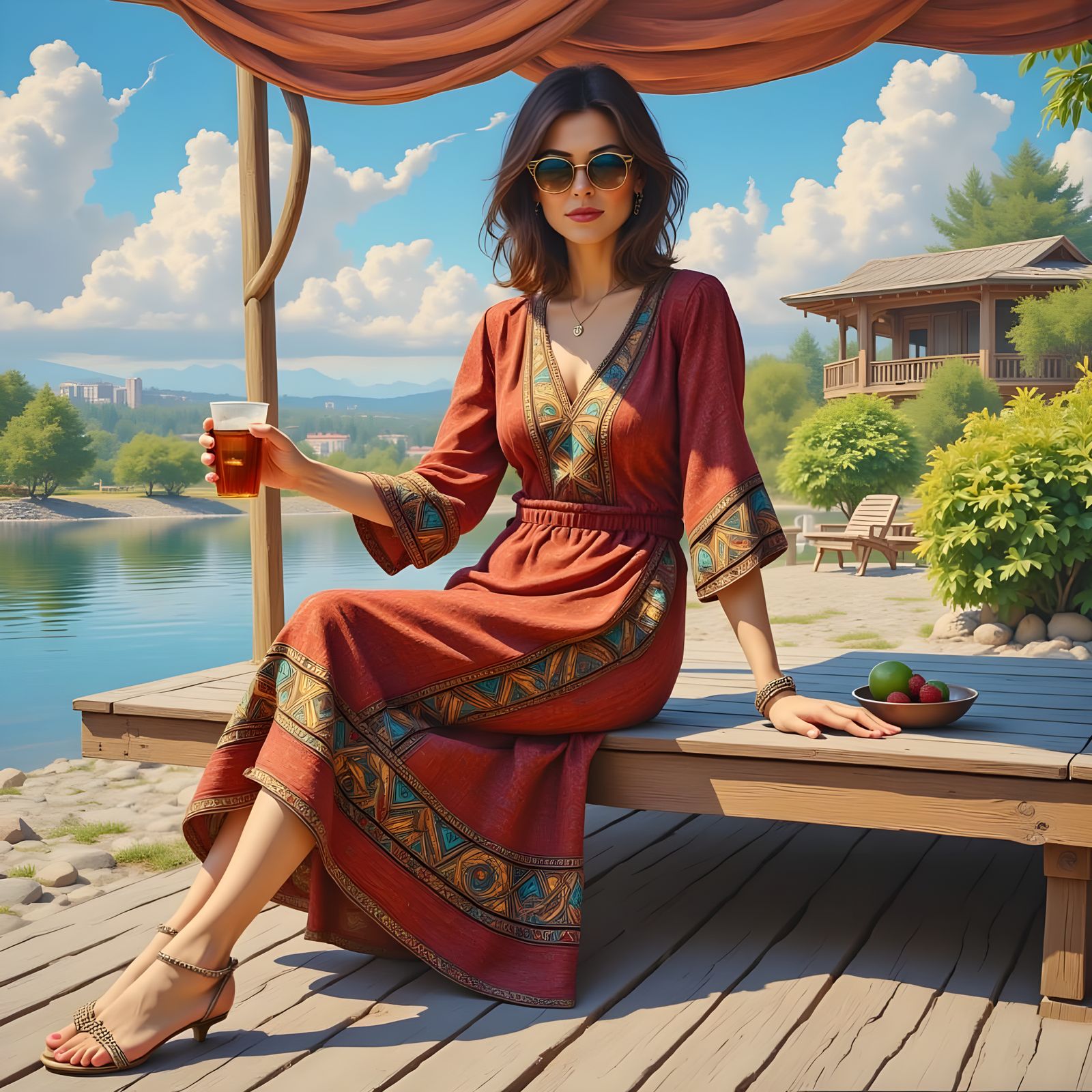 Woman Relaxing by Water with Cityscape View