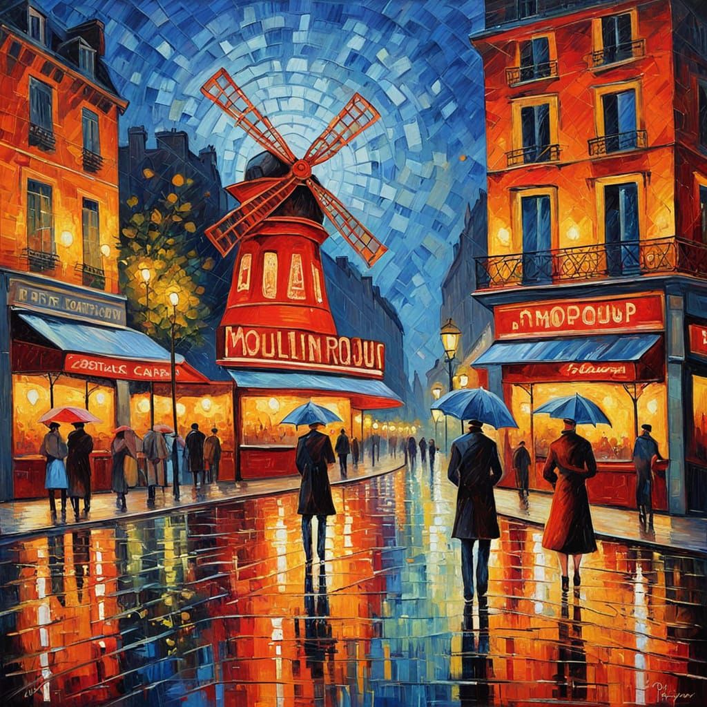 Paris Moulin Rouge at Night in Expressionist Style