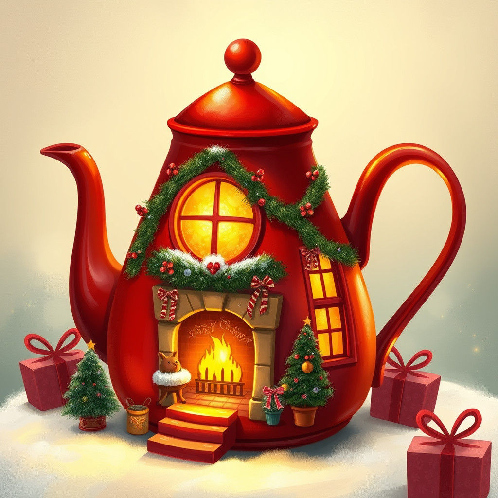 Whimsical Christmas Teapot House in Vibrant Digital Illustra...