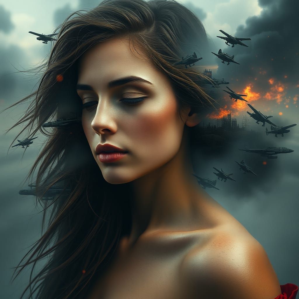 Serene Woman in War-Torn Landscape: Digital Portrait