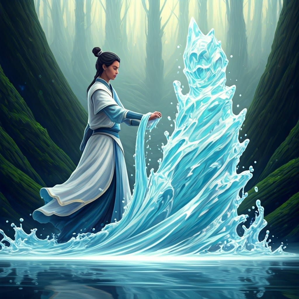 Serene Water Bender Shaping Crystal Sculpture in Ancient For...