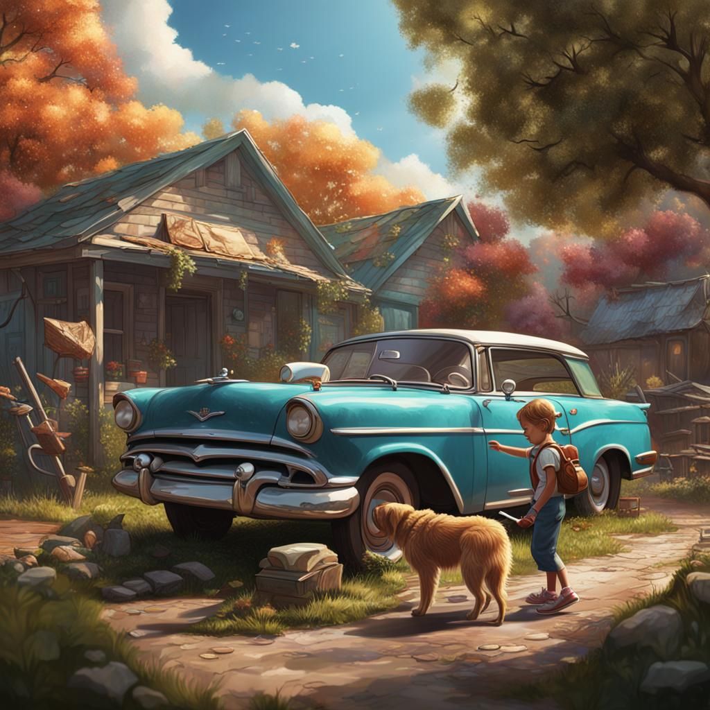 Little Girl Working on Car, Detailed Matte Painting