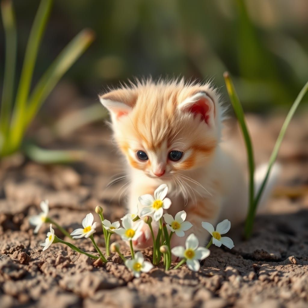 Kitten Plays Among Spring Flowers in Warm Sunlight