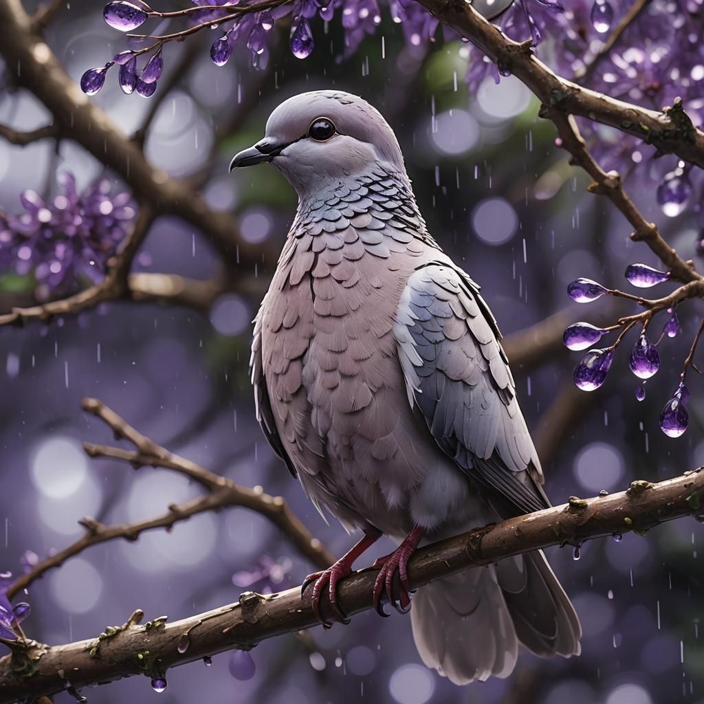 Dove in Purple Raindrops: Stylized 3D Anime Art