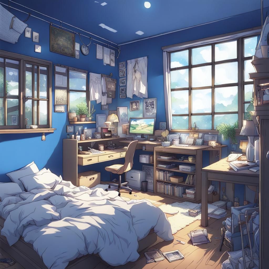 Messy Bedroom with Loft Bed in Anime Style