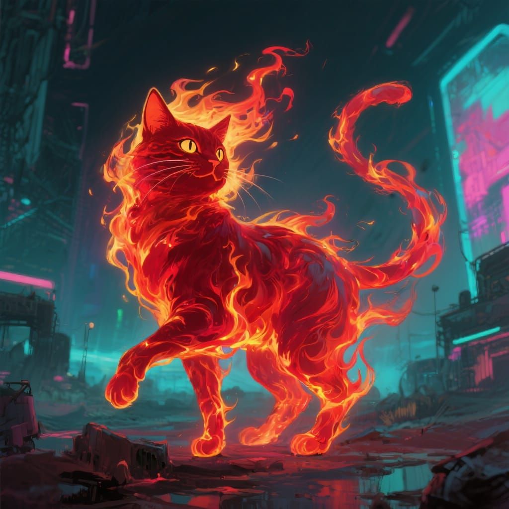 Mythical Fire Cat in a Neon Landscape