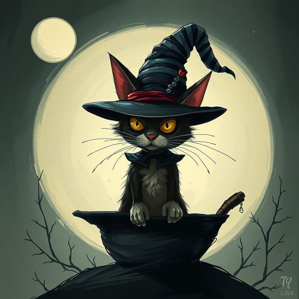 Cat in Striped Hat in Tim Burton Style