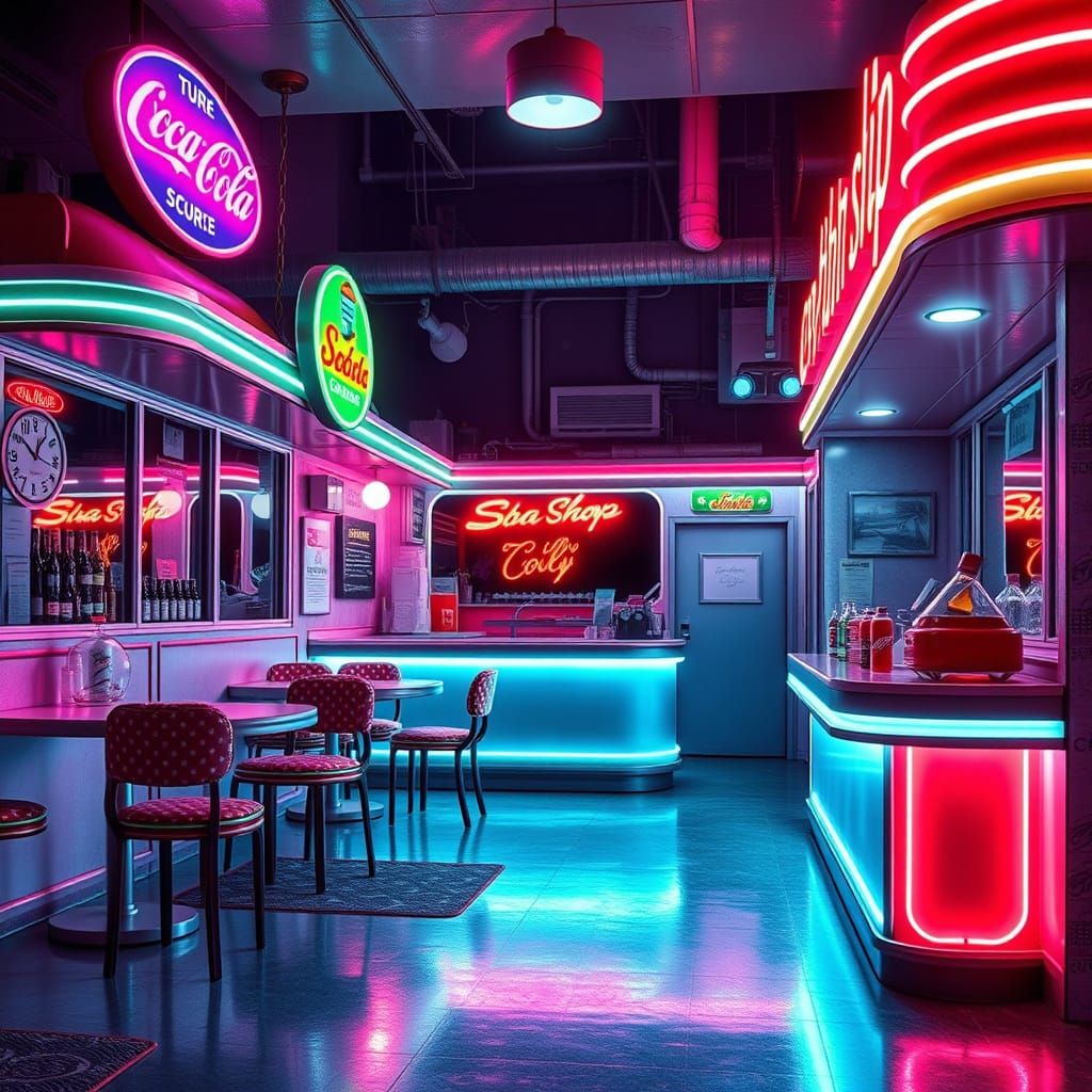 Retro Futuristic Soda Parlor in Neon Cyberpunk Utopia