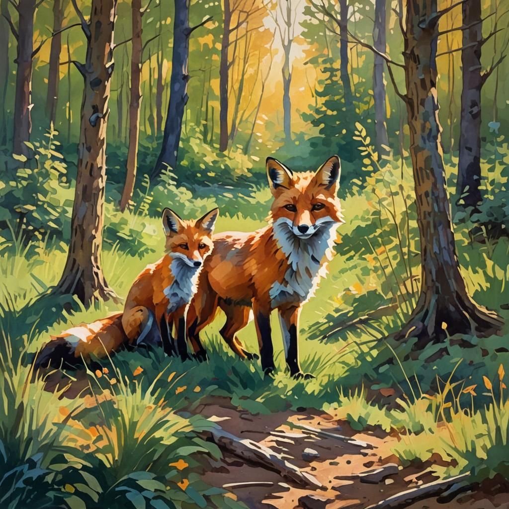 Fox and Cub in Sunlit Forest: Gouache Impressionism