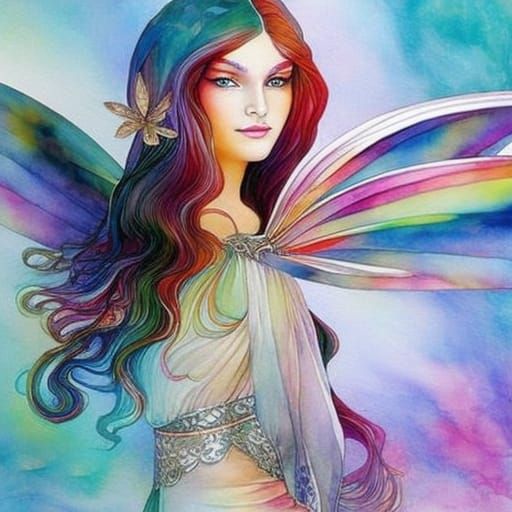 Rainbow Dragonfly Woman: Watercolor Portrait