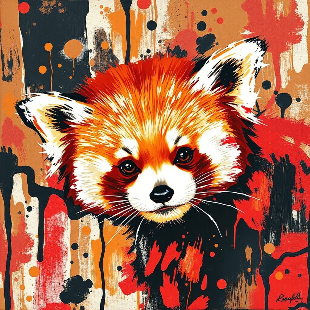 Vibrant Red Panda Abstract Painting in Pollock Style