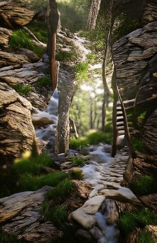 Mountain Hiking Trail with Stream in VRay Unreal Engine