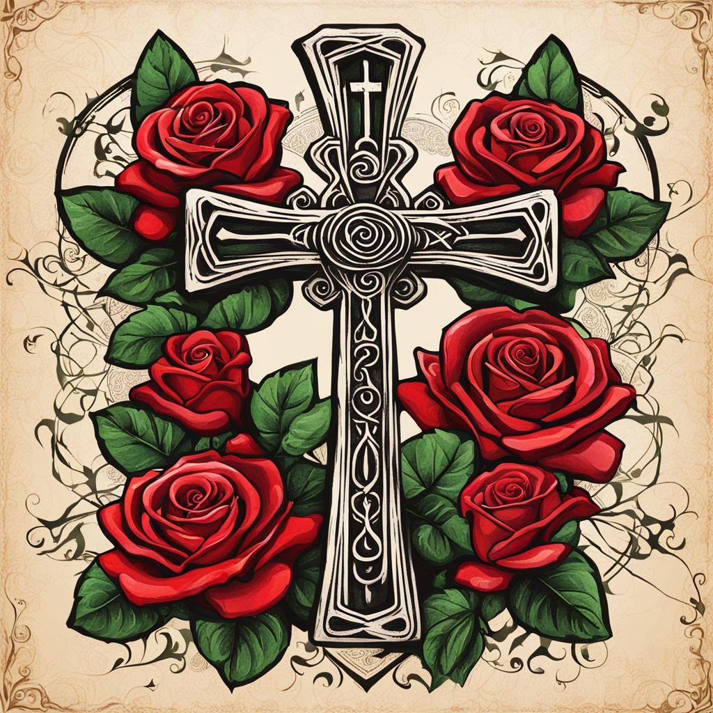 Ankh Cross with Roses Digital Art