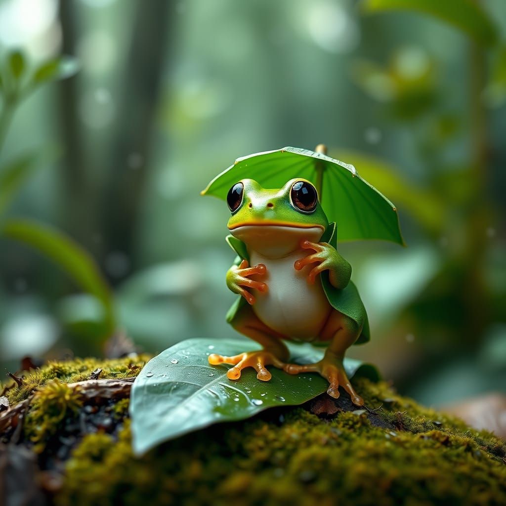 Vibrant Green Frog in Rainy Forest