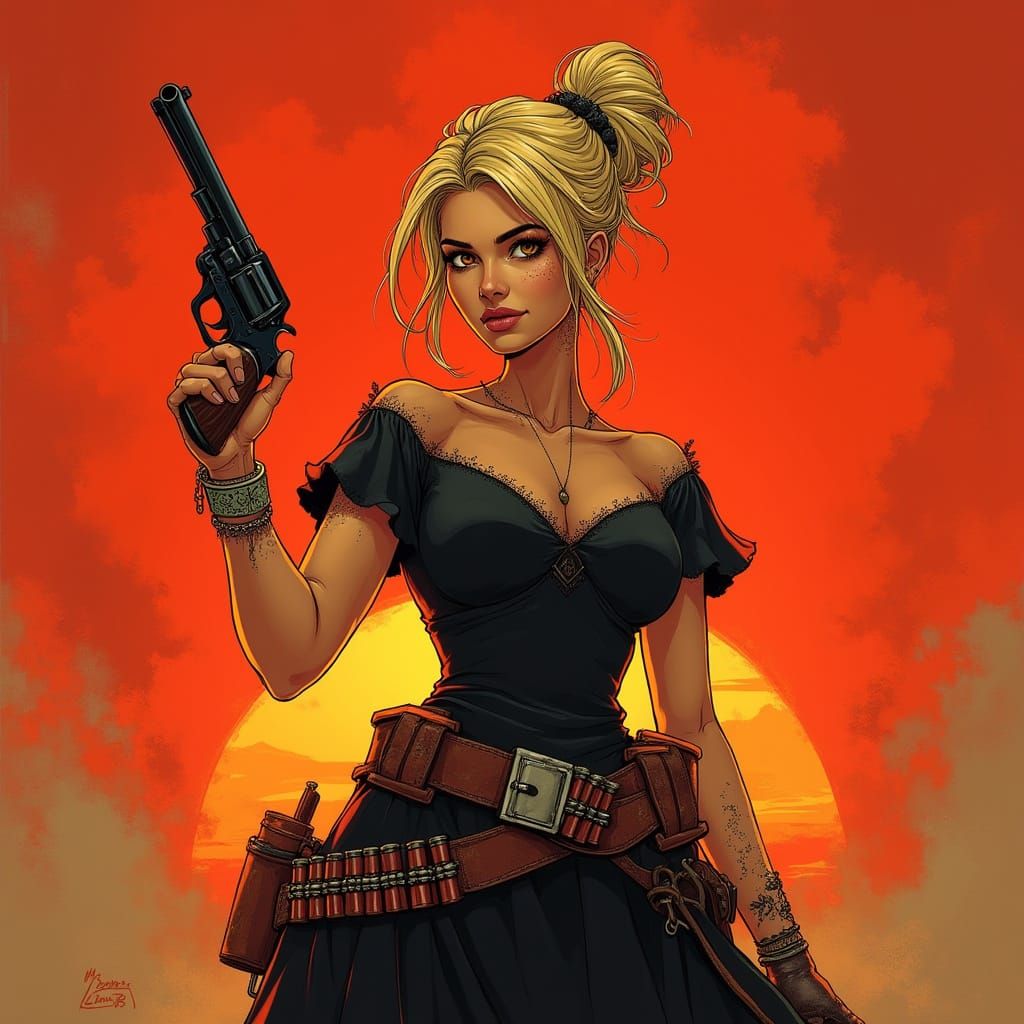 Gritty Wild West Outlaw Woman in a Fiery Sunset