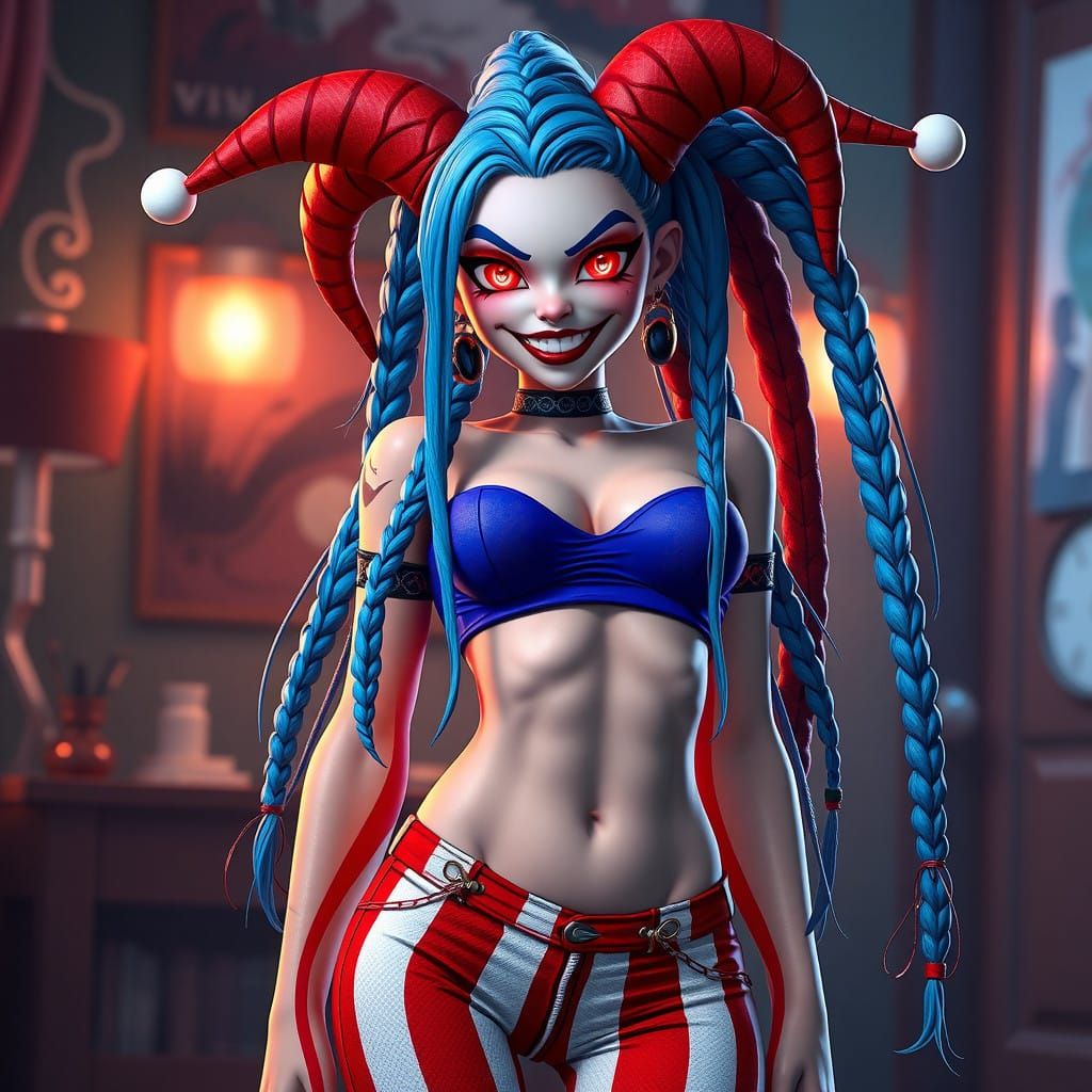 Vibrant Jester Jinx in 3D Anime Style