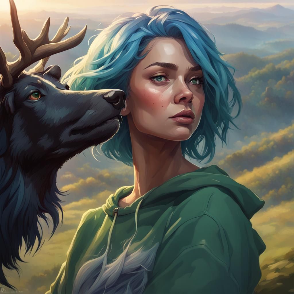 Girl on Black Lab, Hyperdetailed Digital Art