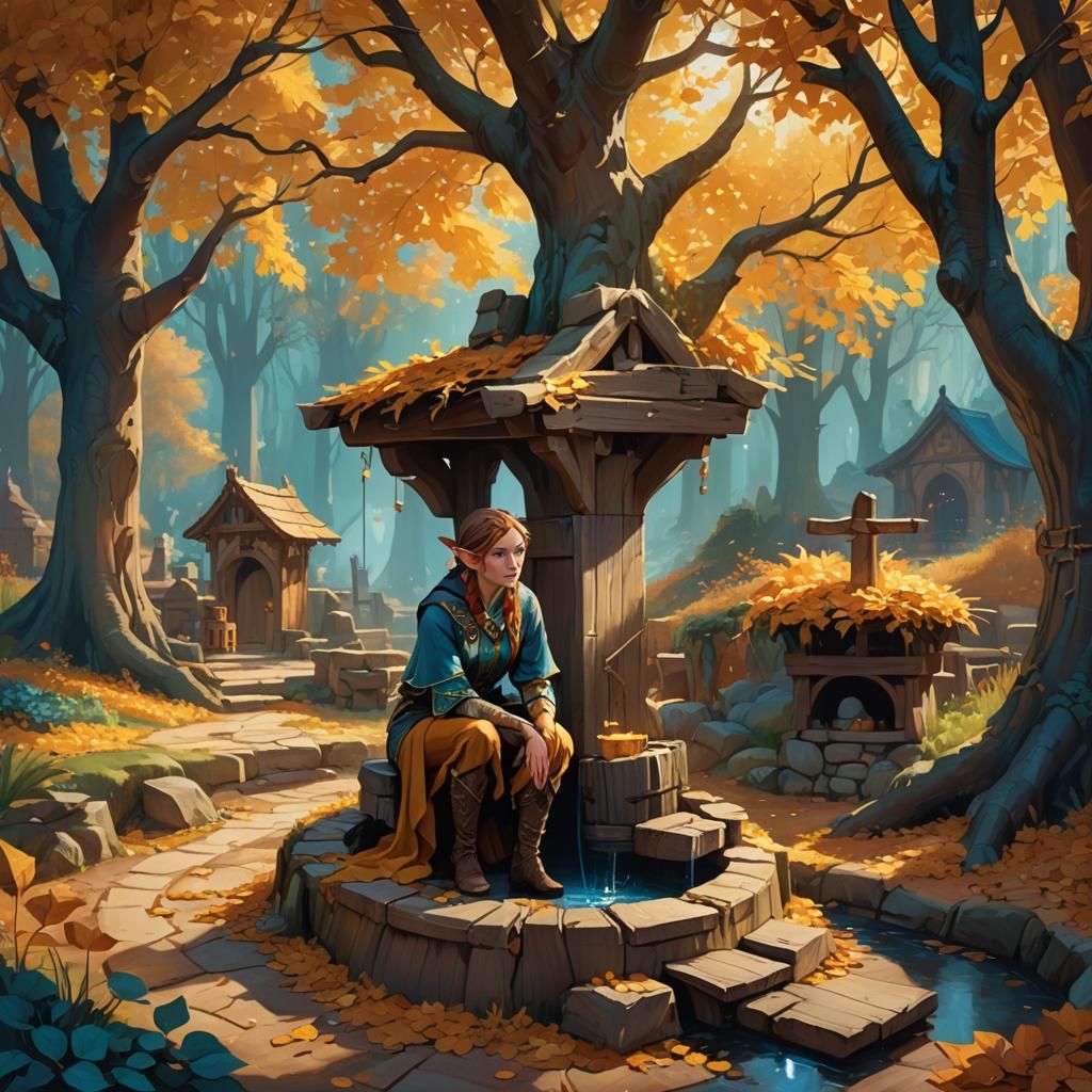 Elf Woman at Autumn Village Well
