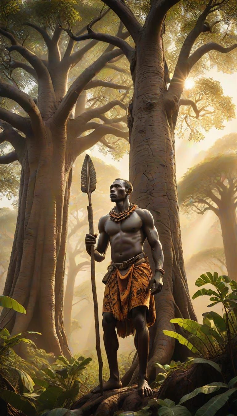 African Hunter in Primeval Forest, Photorealistic Style