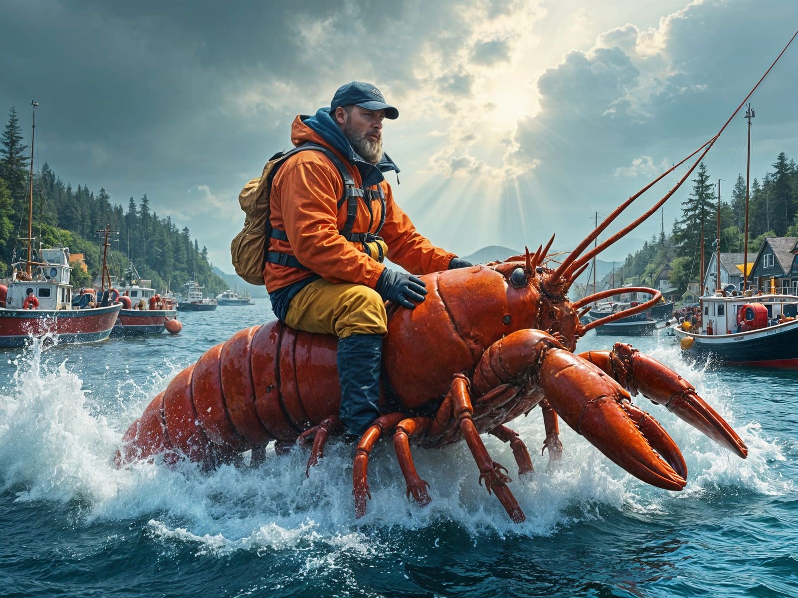Lobster Fisherman Rides Giant Lobster in Maine Harbor