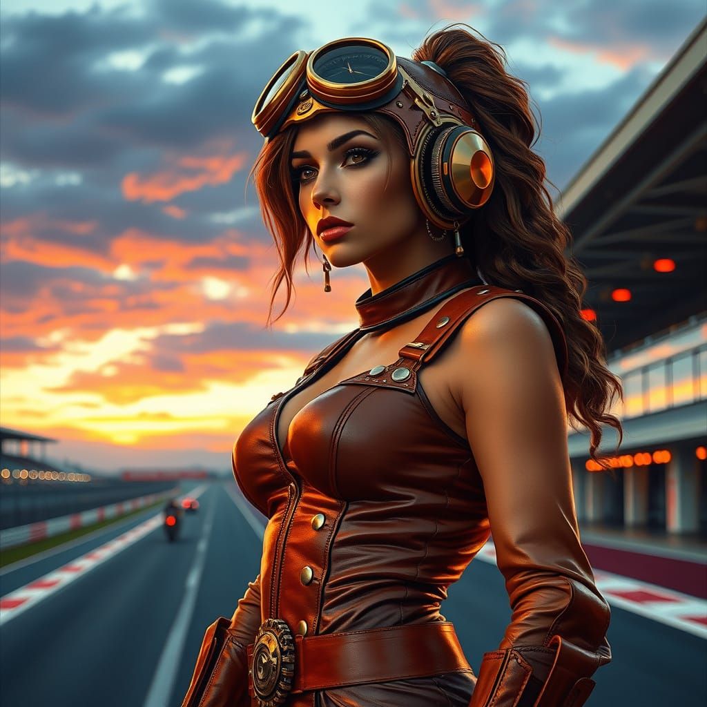 Steampunk Superheroess at Dusk on a Modern Racetrack