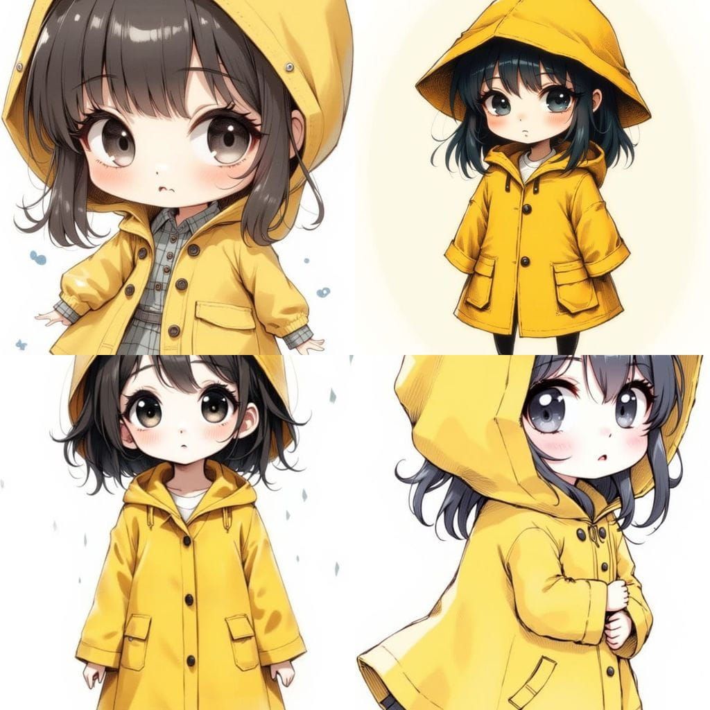 Chibi Girl in Yellow Raincoat in Minimalist Anime Style