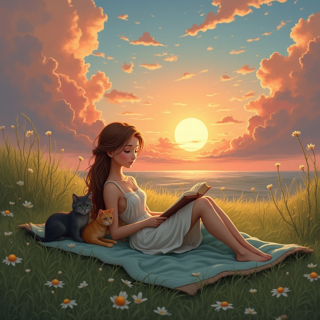 Woman Reading at Sunset, Detailed Matte Painting