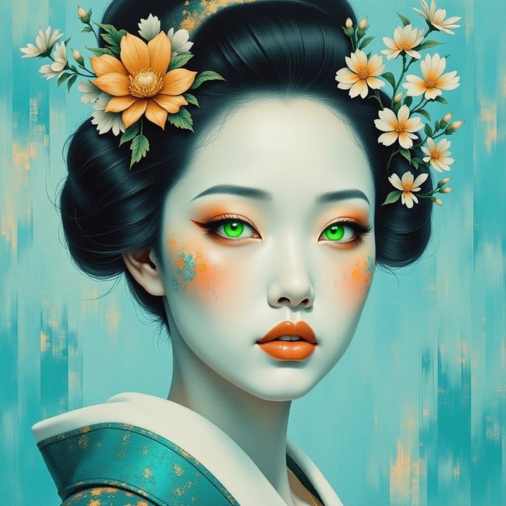 Geisha Portrait With Striking Green Eyes