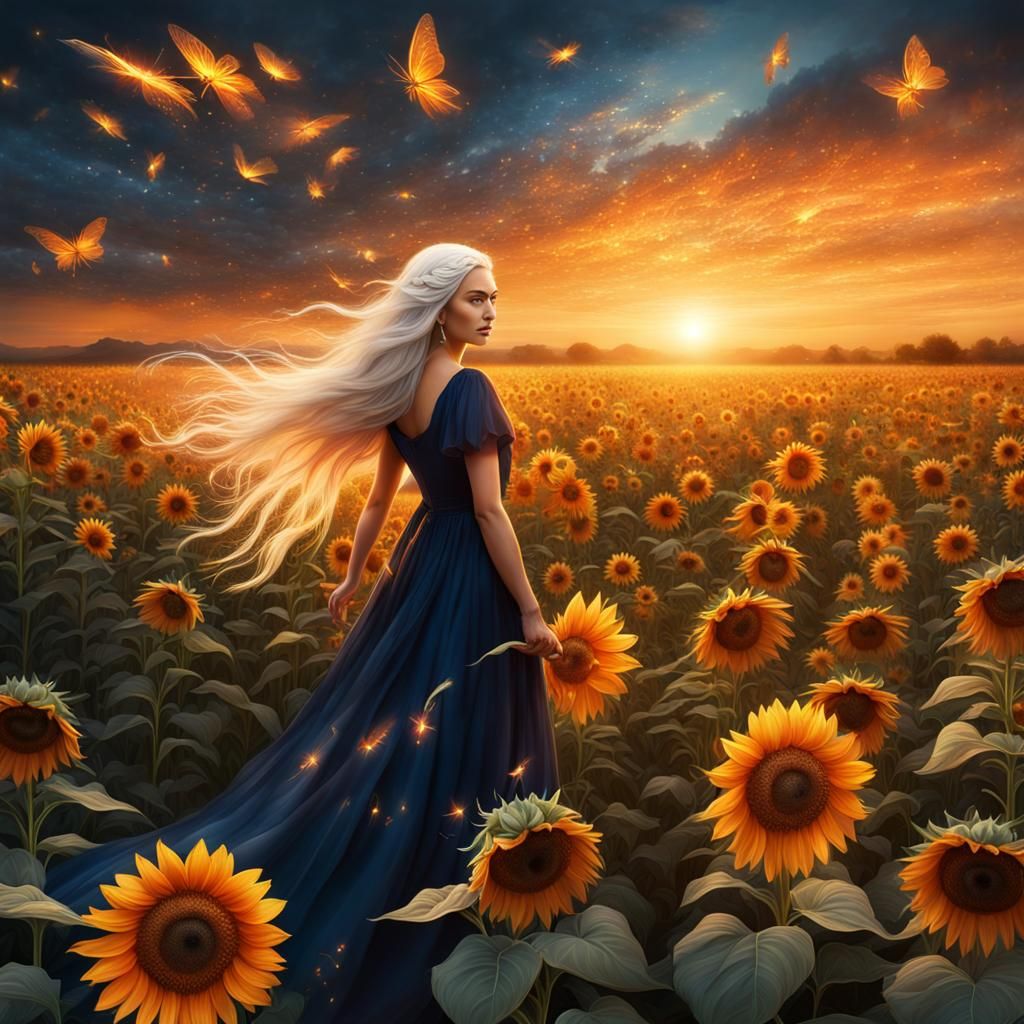 Fairy in Sunflower Field at Sunset: Digital Matte Painting