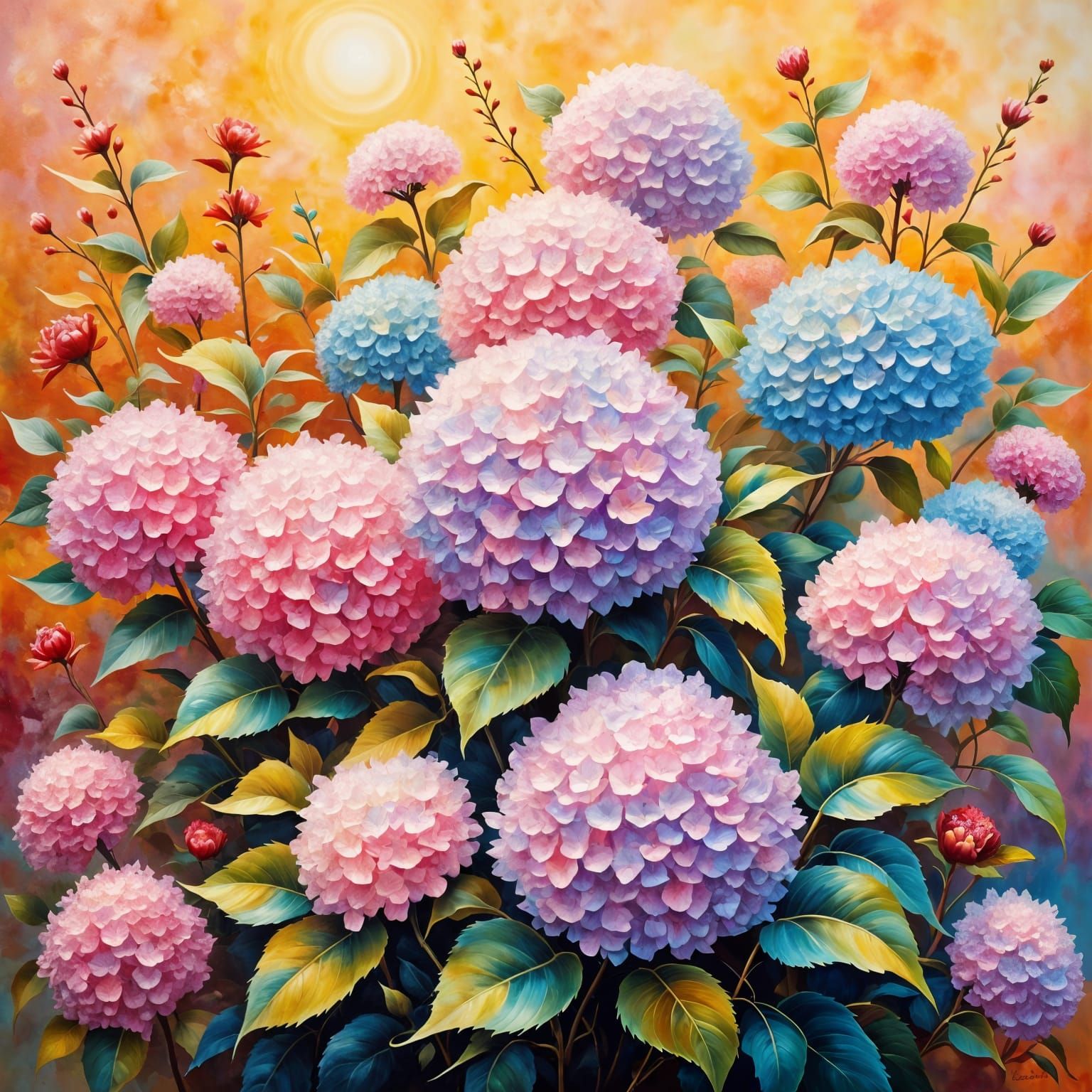 Vibrant Neo-Expressionist Hydrangea Blooms in Oil