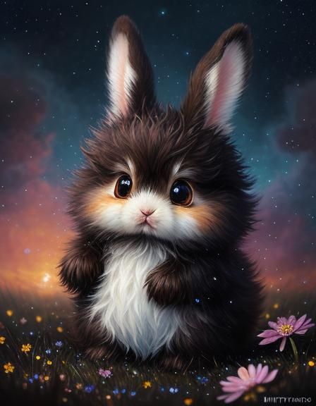Fluffy Fantasy Bunny in Flower Rain as Oil Painting