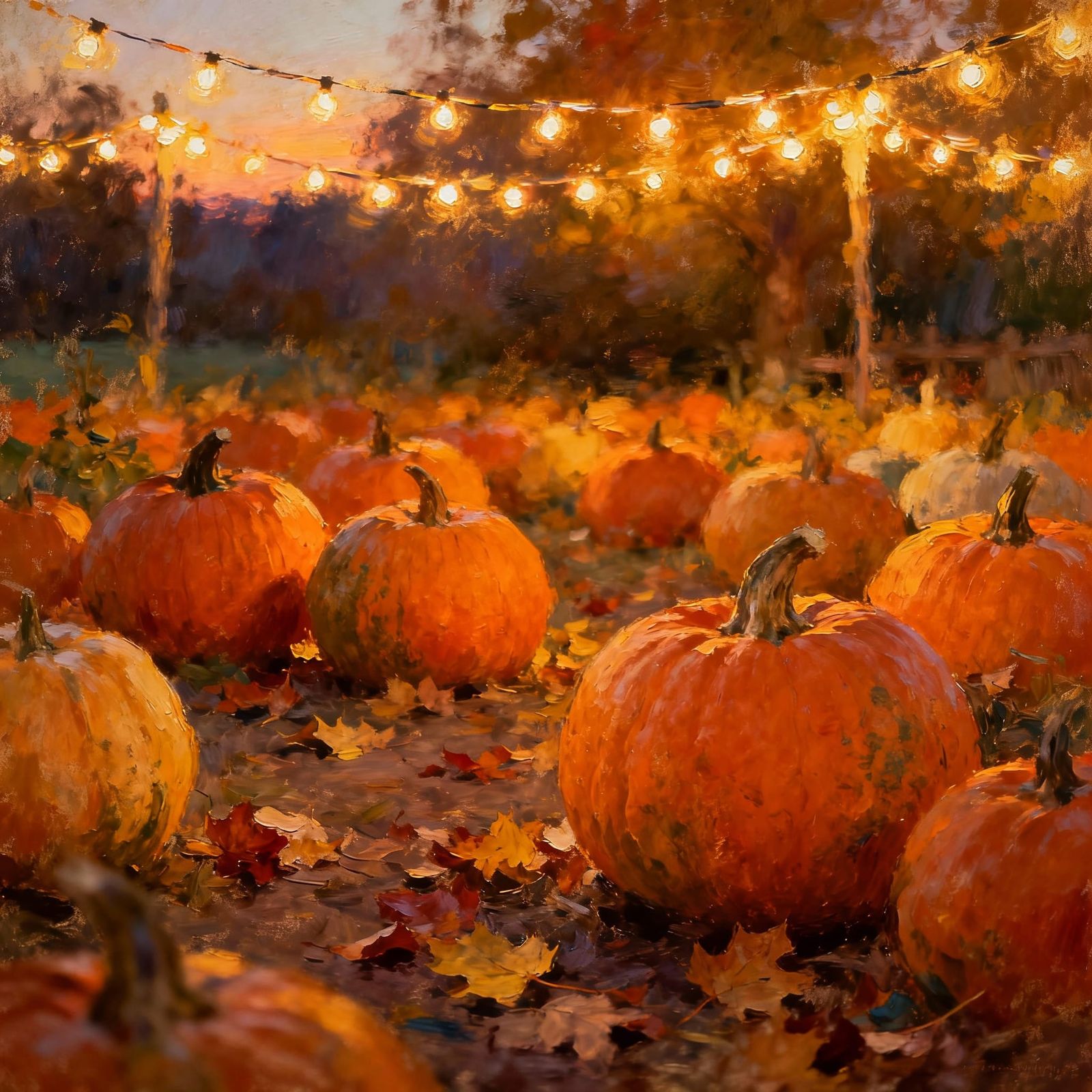 Cozy Autumn Pumpkin Patch in Fairy Lights