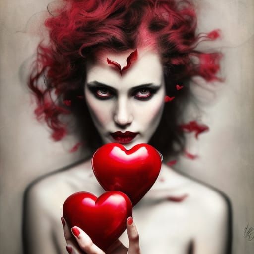 Woman Bites Heart: Photorealistic Tragic Art