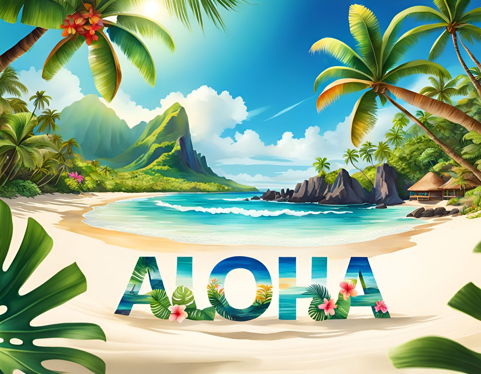 Tropical Beach Postcard in Watercolor Style