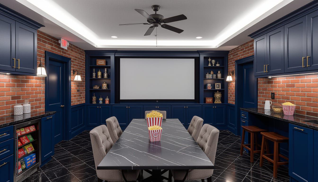 Victorian Home Theater with Dark Blue and Brick Accents