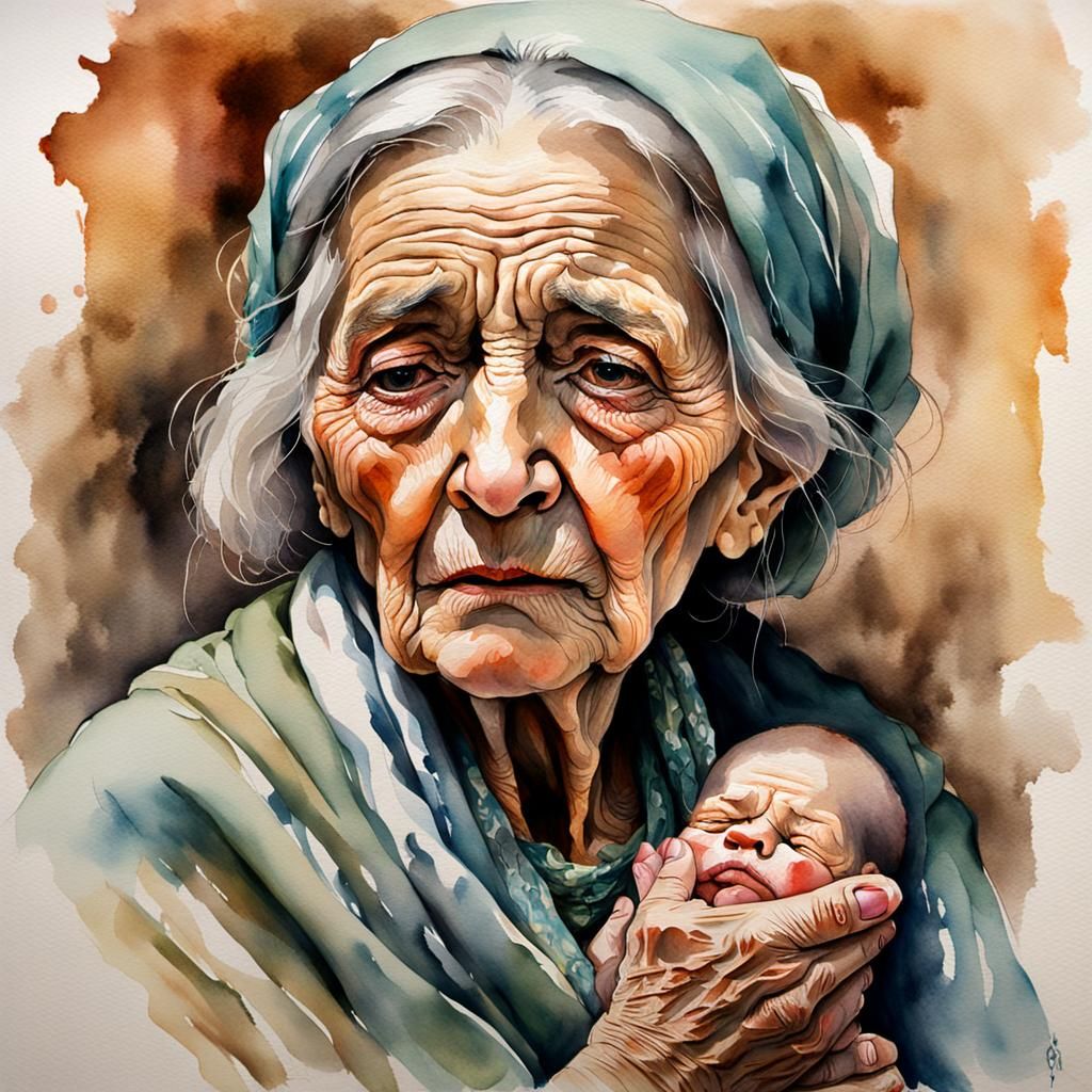 Watercolor Portrait of an Old Woman with Baby Photo