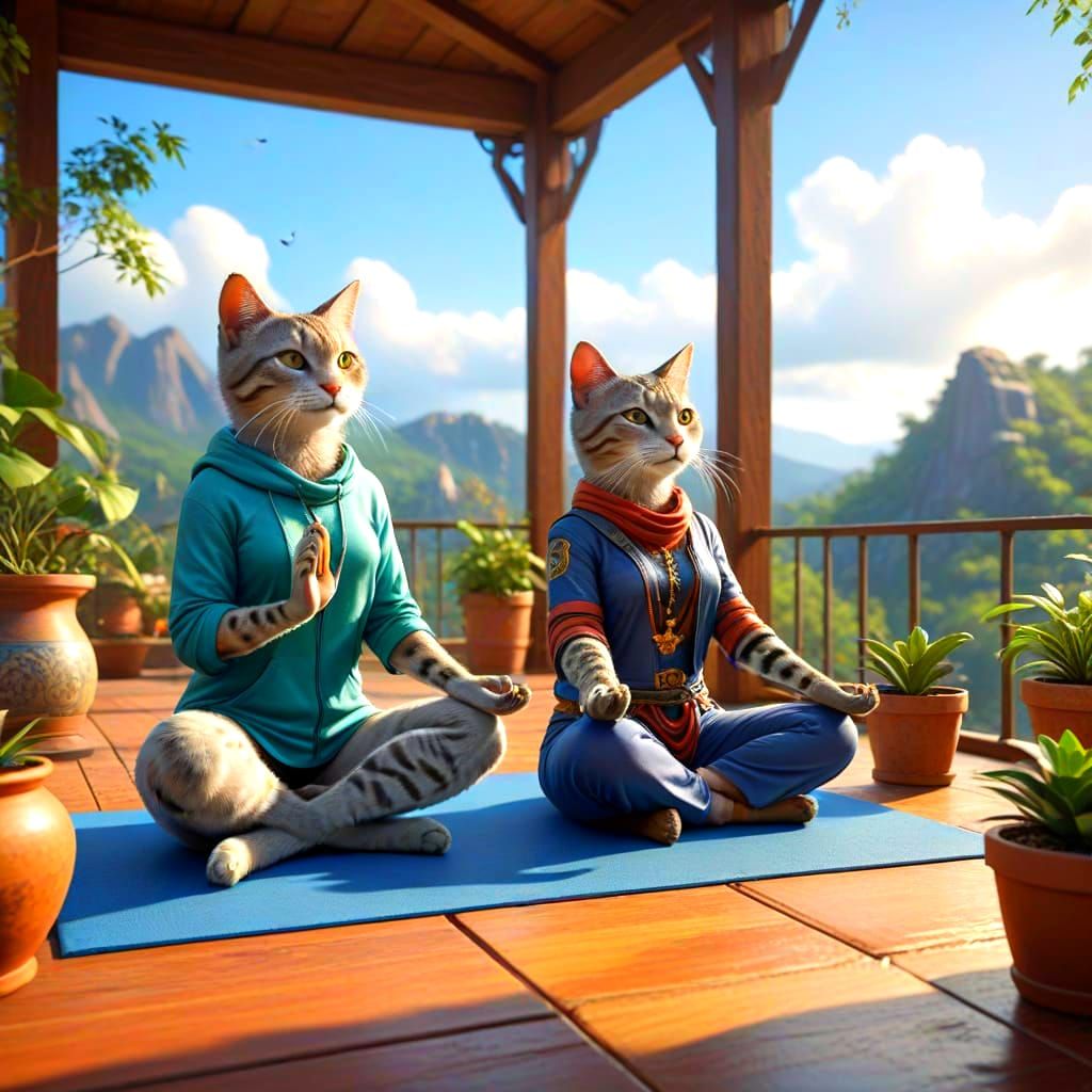 Gentle Cats Practice Yoga on a Serene Nature Scene in a Pixa...