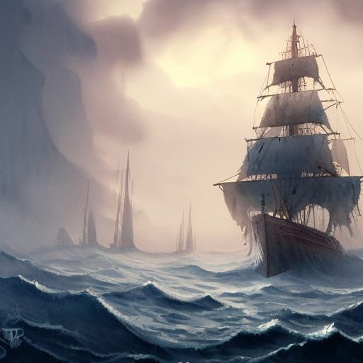 Watercolor Corsair Ships in Spooky Storm