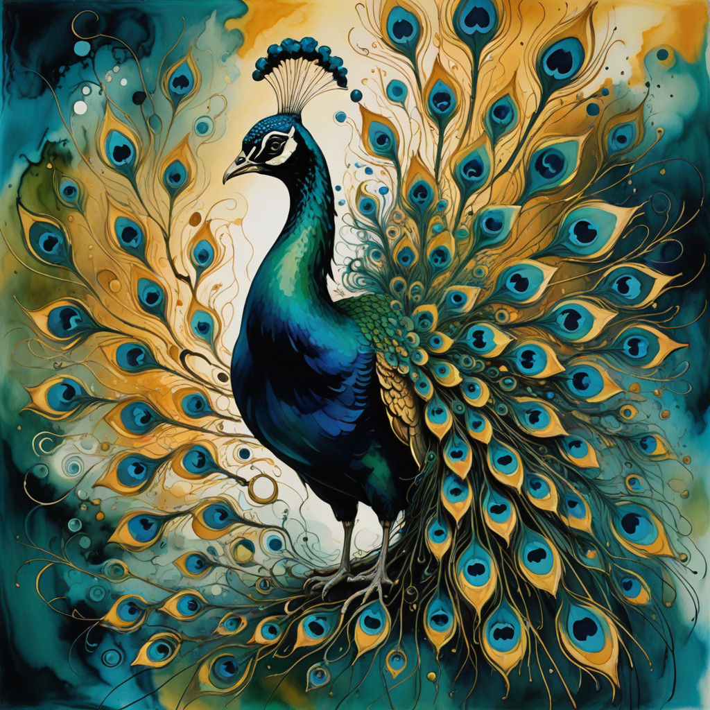 Vibrant Peacock Perches on a Christmas Tree Tapestry, in Alc...