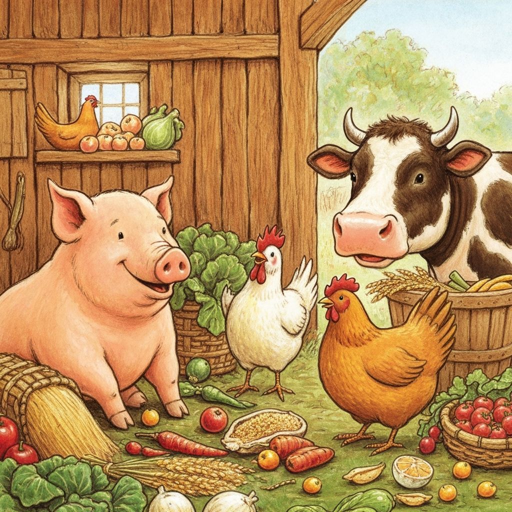 Farm Animals Feast in Cozy Barnyard Storybook Illustration