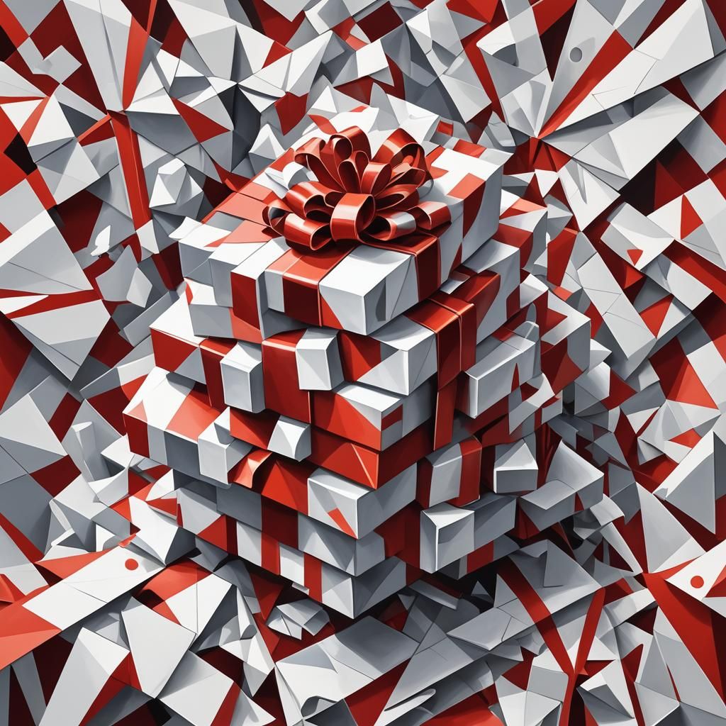 Cubist Red Gift with White Ribbon, Art Deco Style