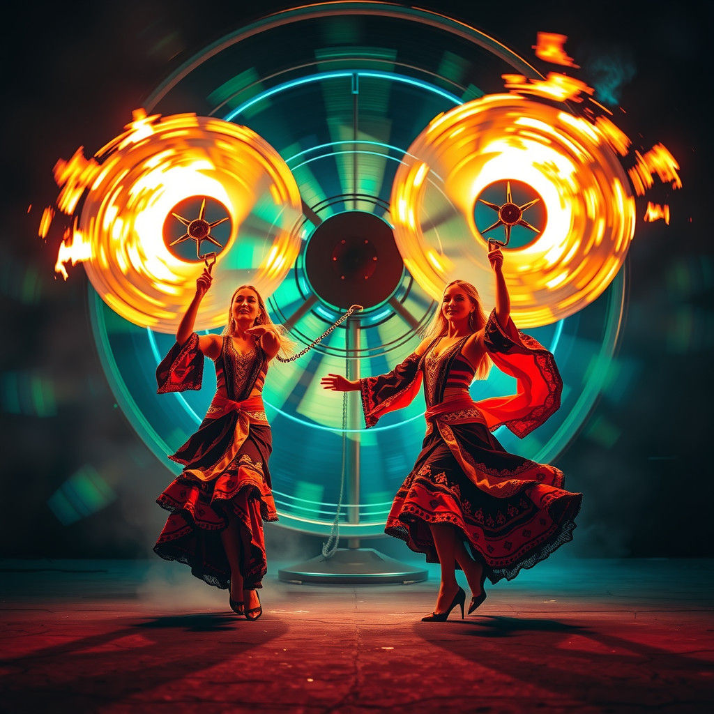 Dynamic Fire Dancers in Cyberpunk Spectacle