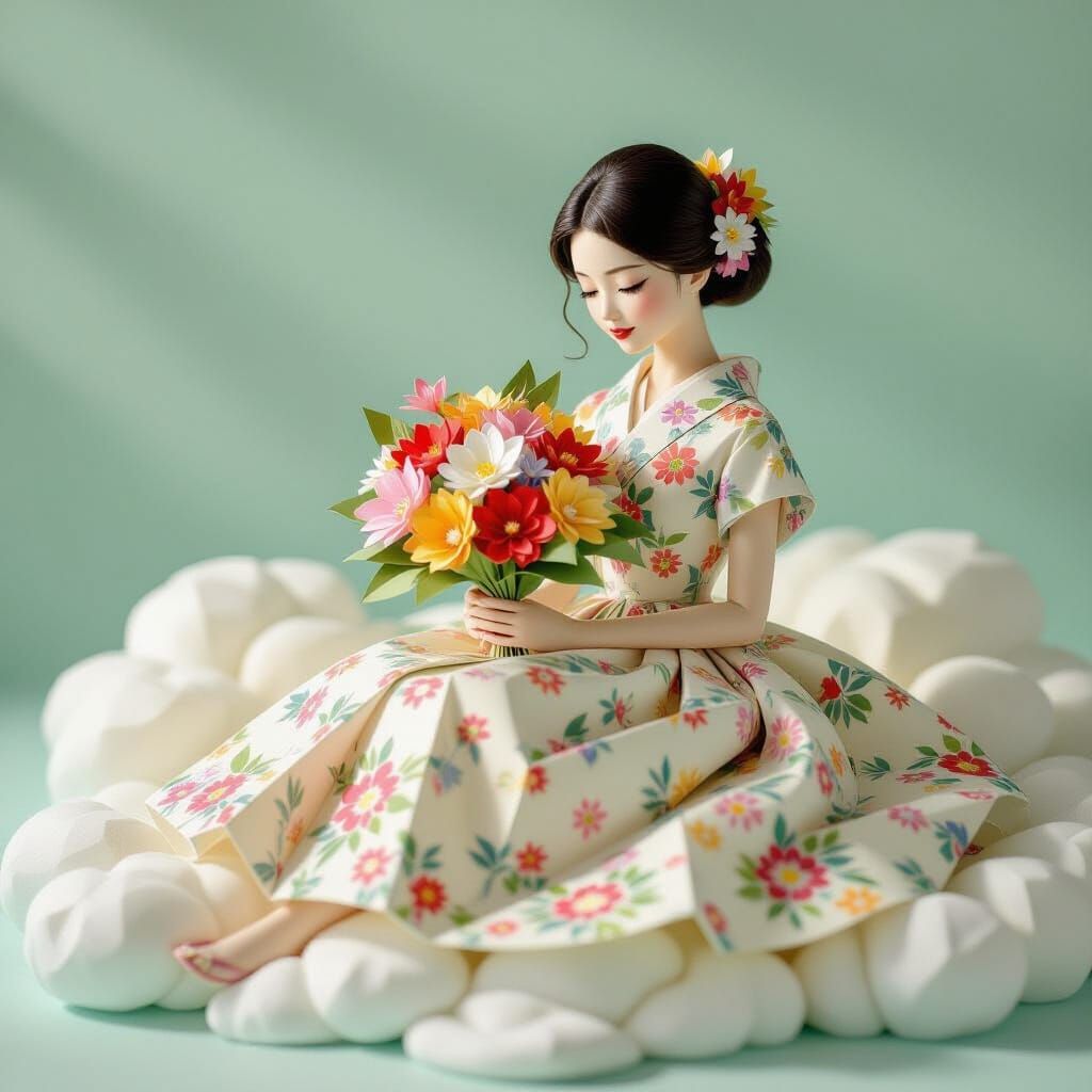Origami Girl Resting on Cloud with Paper Flowers